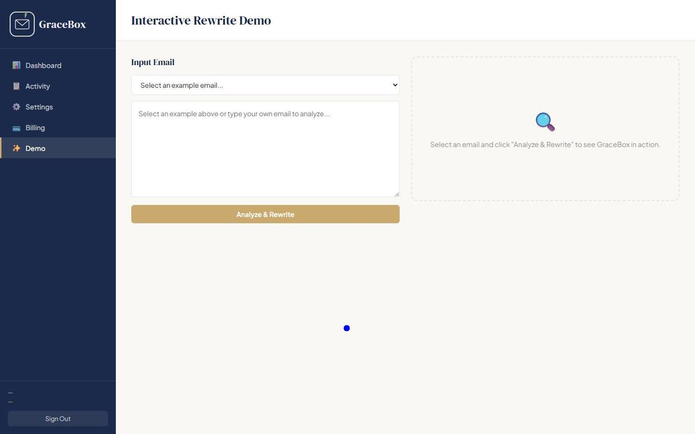 GraceBox interactive demo showing the email rewrite interface in action