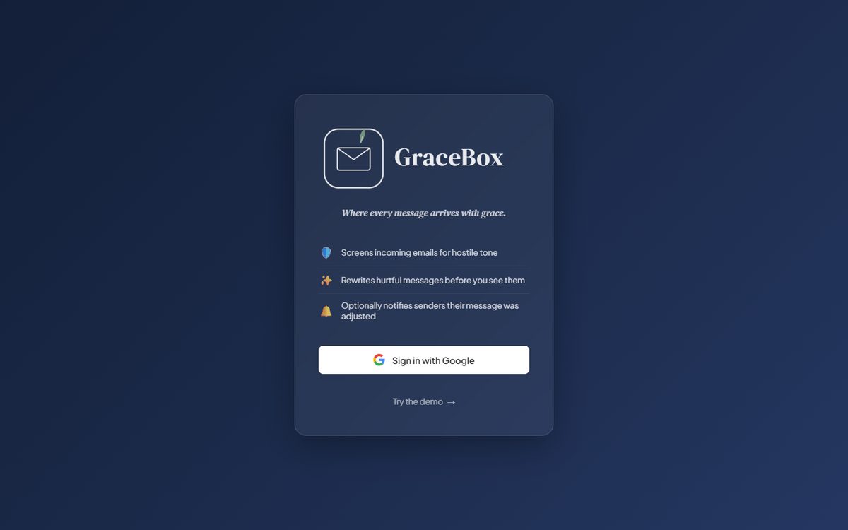 GraceBox login and landing screen showing the clean onboarding interface