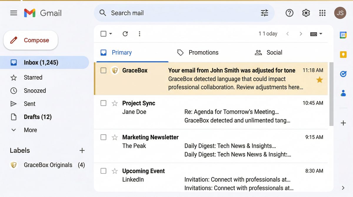 Gmail inbox showing GraceBox integration with rewritten emails and the GraceBox Originals folder
